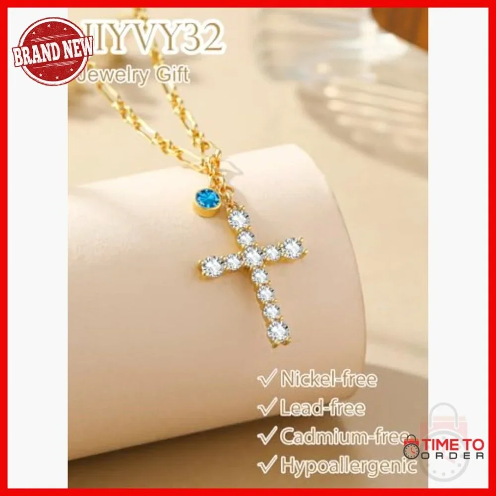 14K Gold Plated Cross Birthstone Necklace Adjustable Chain Pendant Jewelry